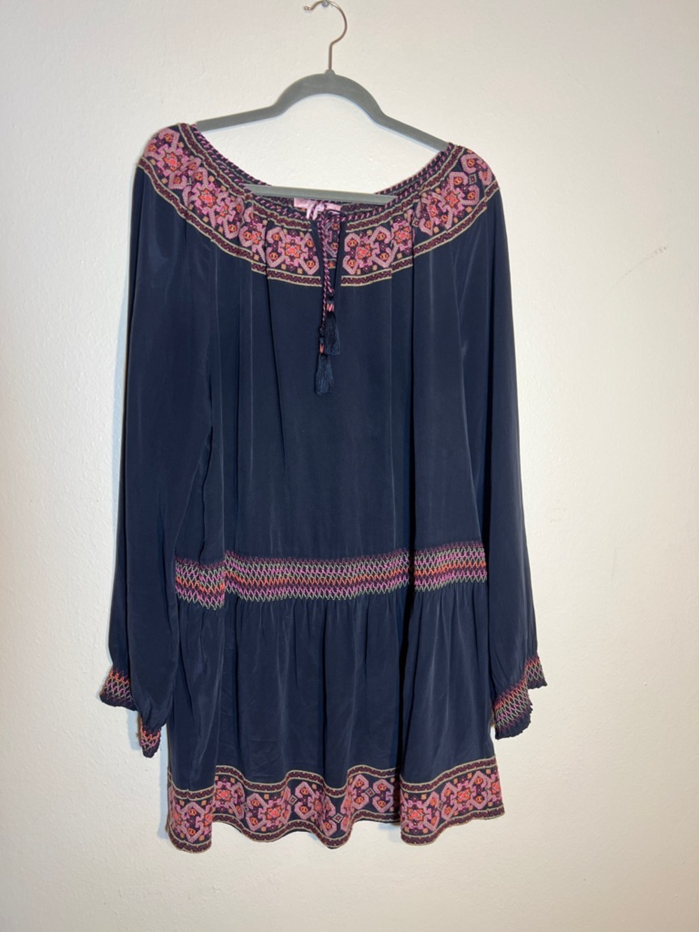 Calypso St. Barth Navy Silk Long-Sleeve Embroidered Dress Pink Accents Large